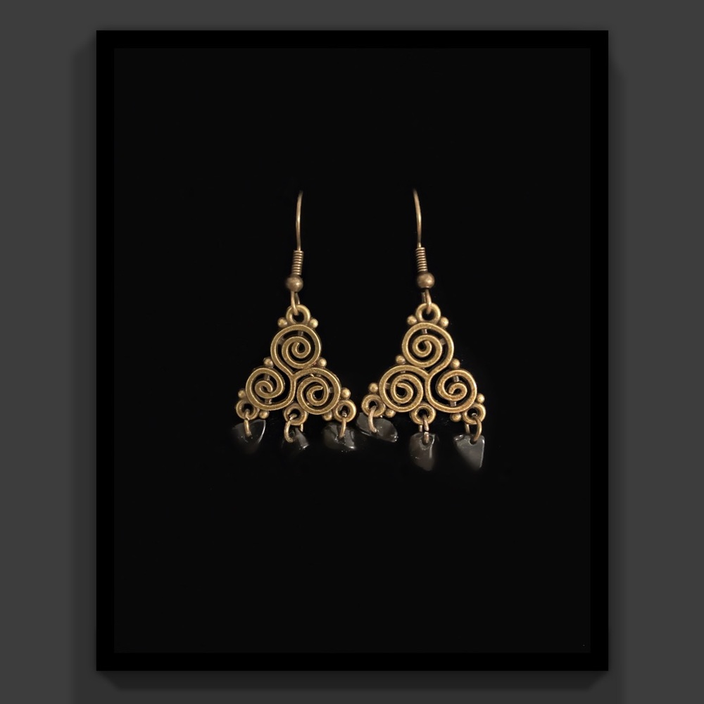 Black Turmaline & Bronze Spiral Earrings